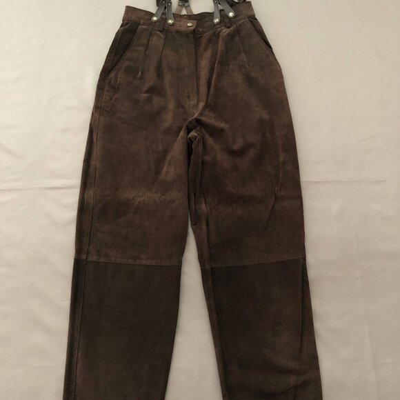 Dark Brown Two Toned Suede Buttoned Suspender Pants - Picture 3 of 12